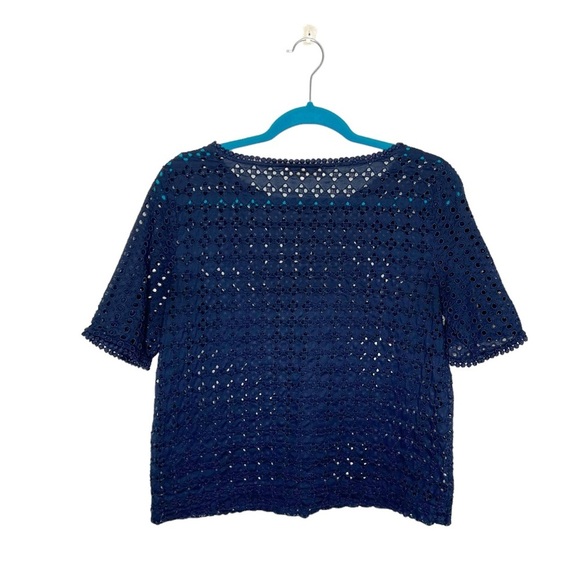 LOFT Navy Blue Geometric Eyelet Boxy Fit Short Sleeve Blouse - Picture 8 of 10